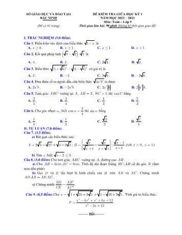 Đề kiểm tra giữa học kỳ I môn Toán 9 - Năm học 2022-2023 - Sở GD&ĐT Bắc Ninh (Có đáp án)