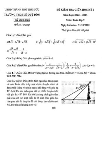 Đề kiểm tra giữa học kỳ I môn Toán 9 - Năm học 2022-2023 - Trường THCS Lê Quý Đôn