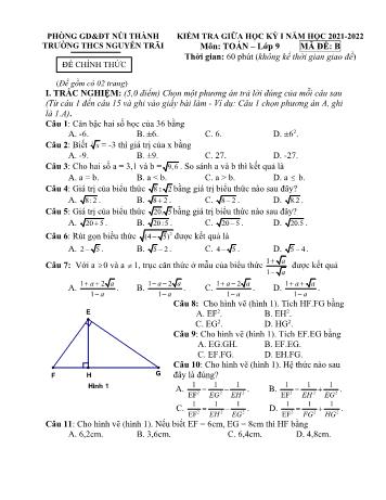 Đề kiểm tra giữa học kỳ I môn Toán Lớp 9 - Năm học 2021-2022 - Trường THCS Nguyễn Trãi - Mã đề B (Có đáp án)
