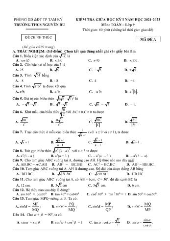 Đề kiểm tra giữa học kỳ I môn Toán Lớp 9 - Năm học 2021-2022 - Trường THCS Nguyễn Du - Mã đề A (Có đáp án)