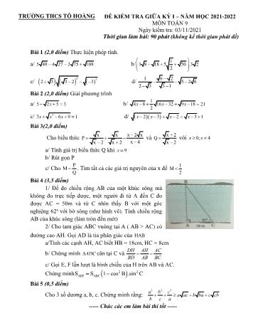 Đề kiểm tra giữa học kỳ I môn Toán Lớp 9 - Năm học 2021-2022 - Trường THCS Tô Hoàng (Có đáp án)