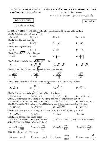 Đề kiểm tra giữa học kỳ I môn Toán Lớp 9 - Năm học 2021-2022 - Trường THCS Nguyễn Du - Mã đề B (Có đáp án)