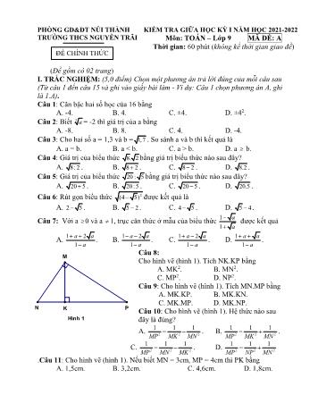 Đề kiểm tra giữa học kỳ I môn Toán Lớp 9 - Năm học 2021-2022 - Trường THCS Nguyễn Trãi - Mã đề A (Có đáp án)