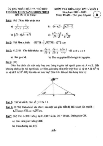 Đề kiểm tra giữa học kỳ I môn Toán Lớp 9 - Năm học 2022-2023 - Trường THCS Tăng Nhơn Phú B