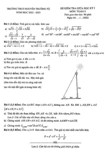 Đề kiểm tra giữa học kỳ I môn Toán Lớp 9 - Năm học 2022-2023 - Trường THCS Nguyễn Trường Tộ