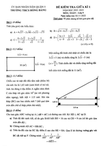 Đề kiểm tra giữa kì 1 môn Toán Lớp 9 - Năm học 2022-2023 - Trường THCS Hồng Bàng