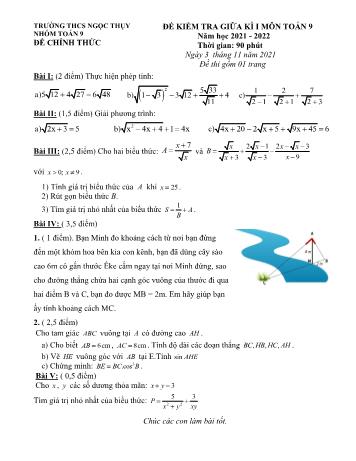 Đề kiểm tra giữa kì I môn Toán 9 - Năm học 2021-2022 - Trường THCS Ngọc Thụy (Có đáp án)