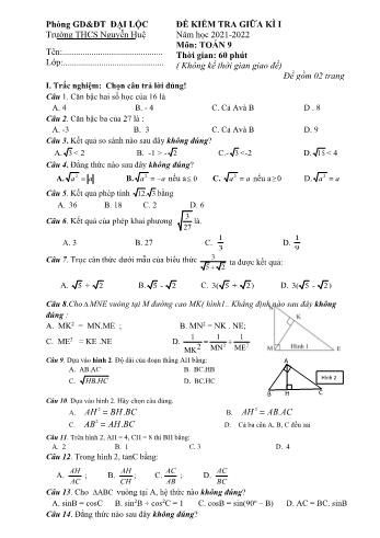 Đề kiểm tra giữa kì I môn Toán Lớp 9 - Năm học 2021-2022 - Trường THCS Nguyễn Huệ (Có đáp án)