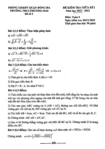 Đề kiểm tra giữa kì I môn Toán Lớp 9 - Năm học 2022-2023 - Trường THCS Phương Mai