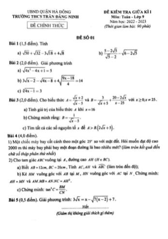 Đề kiểm tra giữa kì I môn Toán Lớp 9 - Năm học 2022-2023 - Trường THCS Trần Đăng Ninh