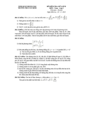 Đề kiểm tra giữa kì II môn Toán Lớp 9 - Năm học 2021-2022 - Trường THCS Tân Định