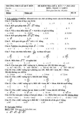 Đề kiểm tra giữa kỳ I môn Toán Lớp 9 - Năm học 2021-2022 - Trường THCS Lê Quý Đôn - Đề B (Có đáp án)