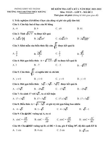 Đề kiểm tra giữa kỳ I môn Toán Lớp 9 - Năm học 2021-2022 - Trường THCS Huỳnh Thúc Kháng - Đề 2 (Có đáp án)