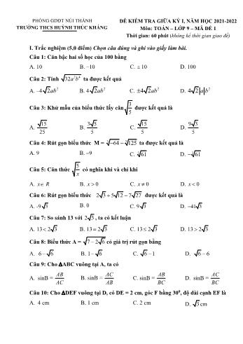Đề kiểm tra giữa kỳ I môn Toán Lớp 9 - Năm học 2021-2022 - Trường THCS Huỳnh Thúc Kháng - Đề 1 (Có đáp án)