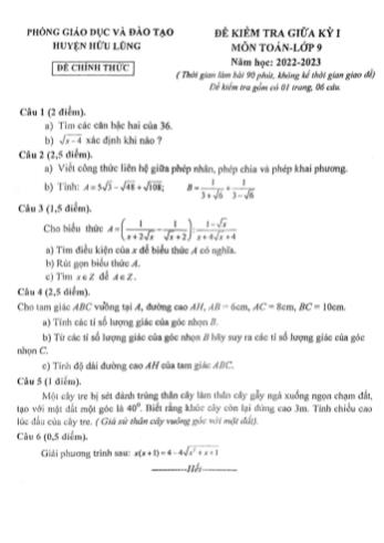 Đề kiểm tra giữa kỳ I môn Toán Lớp 9 - Năm học 2022-2023 - Phòng GD&ĐT huyện Hữu Lũng