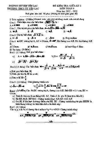 Đề kiểm tra giữa kỳ I môn Toán Lớp 9 - Năm học 2022-2023 - Trường THCS Thị trấn Yên Lạc