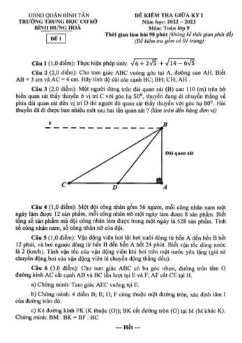 Đề kiểm tra giữa kỳ I môn Toán Lớp 9 - Năm học 2022-2023 - Trường THCS Bình Hưng Hòa