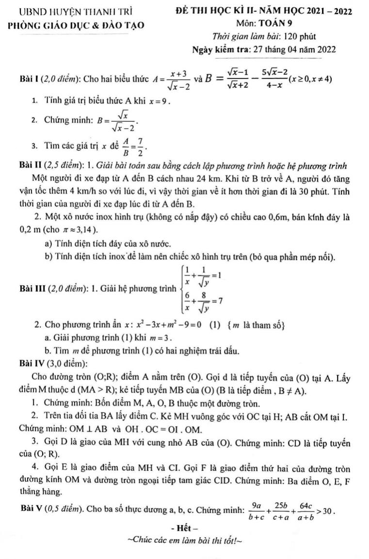 Đề kiểm tra học kì II môn Toán Lớp 9 - Năm học 2021-2022 - Phòng Giáo dục và Đào tạo huyện Thanh Trì