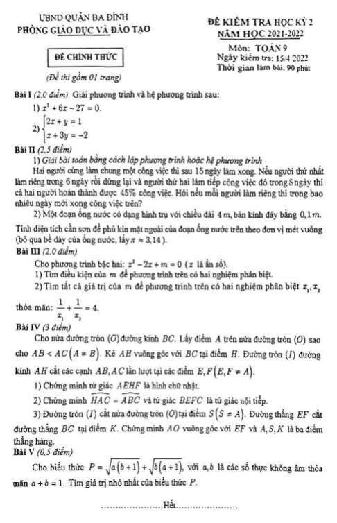 Đề kiểm tra học kỳ II môn Toán Lớp 9 - Năm học 2021-2022 - Phòng Giáo dục và Đào tạo Quận Ba Đình