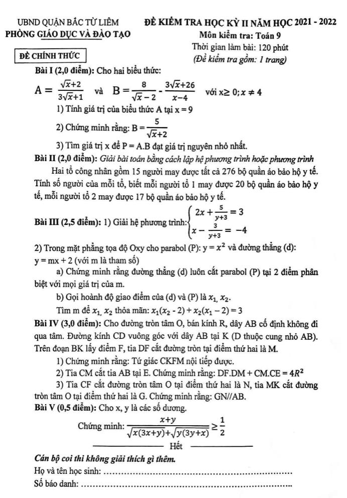 Đề kiểm tra học kỳ II môn Toán Lớp 9 - Năm học 2021-2022 - Phòng Giáo dục và Đào tạo Quận Bắc Từ Liêm