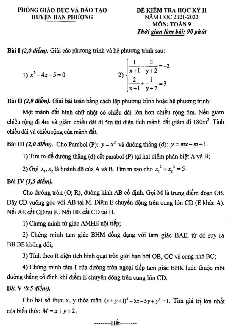 Đề kiểm tra học kỳ II môn Toán Lớp 9 - Năm học 2021-2022 - Phòng Giáo dục và Đào tạo huyện Đan Phượng