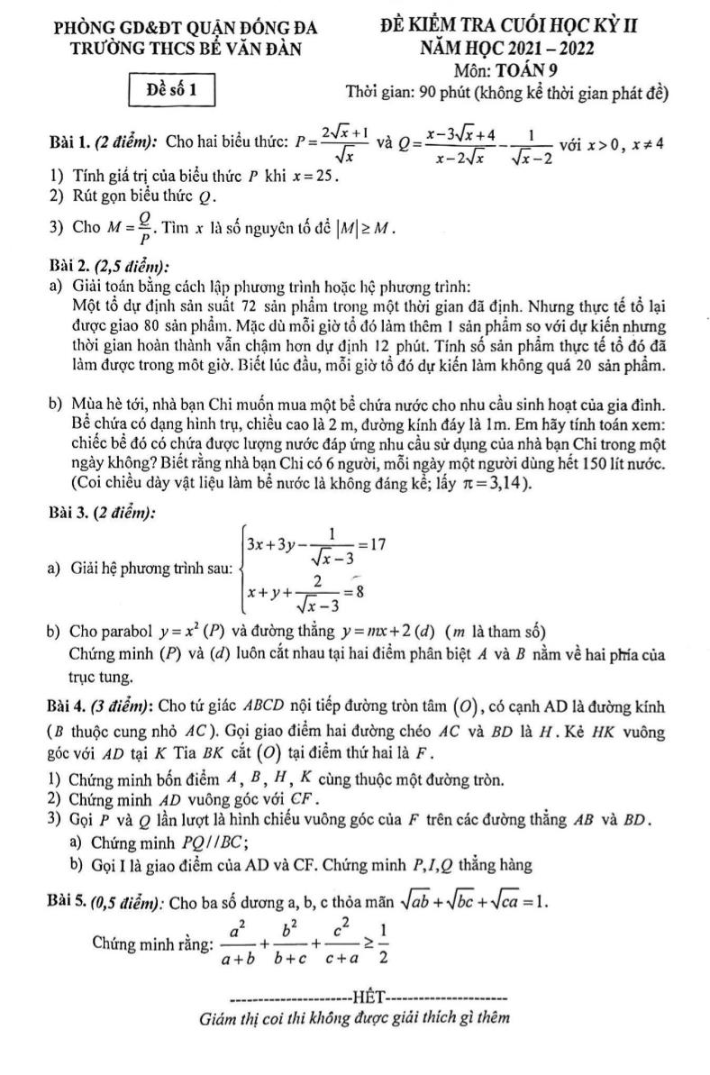 Đề kiểm tra học kỳ II môn Toán Lớp 9 - Năm học 2021-2022 - Trường THCS Bế Văn Đàn