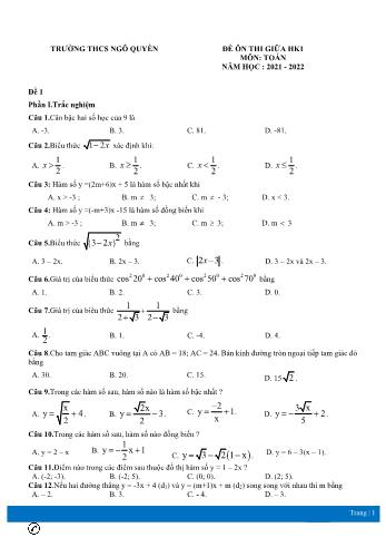 Đề ôn thi giữa học kì 1 môn Toán Lớp 9 - Năm học 2021-2022 - Trường THCS Ngô Quyền (Có đáp án)