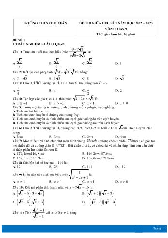 Đề ôn thi giữa học kì 1 môn Toán Lớp 9 - Năm học 2022-2023 - Trường THCS Thọ Xuân (Có đáp án)