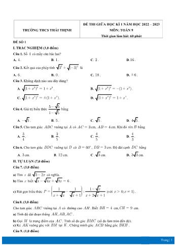 Đề ôn thi giữa học kì 1 môn Toán Lớp 9 - Năm học 2022-2023 - Trường THCS Thái Thịnh (Có đáp án)