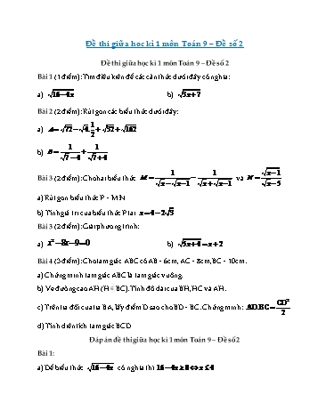 Đề thi giữa học kì 1 môn Toán Lớp 9 - Đề số 2 (Có đáp án)