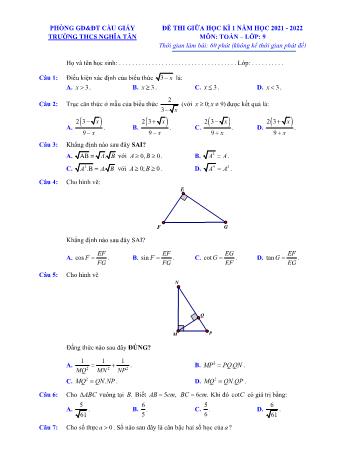 Đề thi giữa học kì 1 môn Toán Lớp 9 - Năm học 2021-2022 - Trường THCS Nghĩa Tân (Có đáp án)