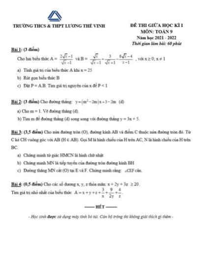 Đề thi giữa học kỳ I môn Toán Lớp 9 - Năm học 2021-2022 - Trường THCS & THPT Lương Thế Vinh