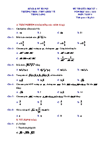 Đề thi giữa học kỳ I môn Toán Lớp 9 - Năm học 2021-2022 - Trường THCS & THPT Quốc tế Thăng Long