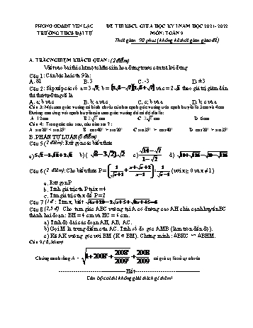 Đề thi khảo sát chất lượng giữa học kỳ I môn Toán 9 - Năm học 2021-2022 - Trường THCS Đại Tự (Có đáp án)