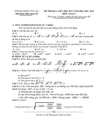 Đề thi khảo sát chất lượng giữa học kỳ I môn Toán Lớp 9 - Trường THCS Đại Tự (Có đáp án)