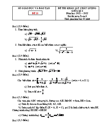 Tổng hợp 10 đề thi khảo sát chất lượng giữa kì I môn Toán Lớp 9 - Năm học 2021-2022 - Đề 10 (Có đáp án)
