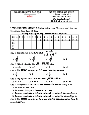 Tổng hợp 10 đề thi khảo sát chất lượng giữa kì I môn Toán Lớp 9 - Năm học 2021-2022 - Đề 8 (Có đáp án)