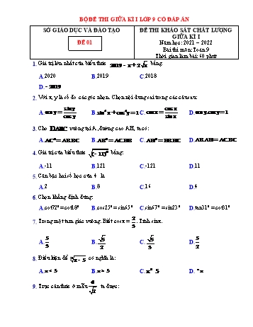 Tổng hợp 10 đề thi khảo sát chất lượng giữa kì I môn Toán Lớp 9 - Năm học 2021-2022 (Có đáp án)