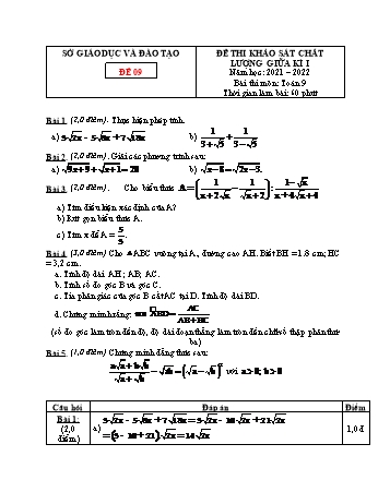 Tổng hợp 10 đề thi khảo sát chất lượng giữa kì I môn Toán Lớp 9 - Năm học 2021-2022 - Đề 9 (Có đáp án)