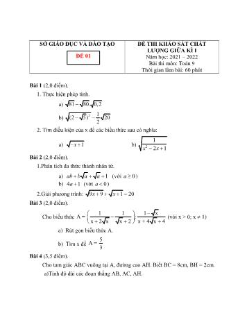 Tổng hợp 20 đề thi khảo sát chất lượng giữa kì I môn Toán Lớp 9 - Năm học 2021-2022