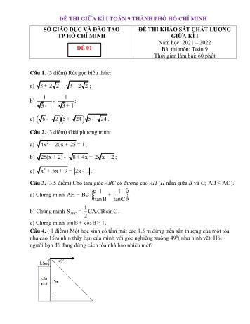 Tổng hợp 7 đề thi khảo sát chất lượng giữa kì I môn Toán Lớp 9 - Năm học 2021-2022 - Sở GD&ĐT Hồ Chí Minh