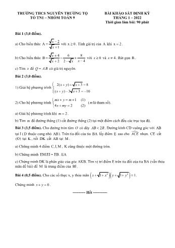 Bài khảo sát định kỳ môn Toán Lớp 9 - Năm học 2021-2022 - Trường THCS Nguyễn Trường Tộ