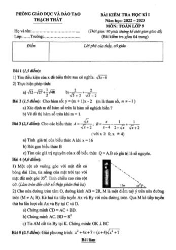 Bài kiểm tra học kì I môn Toán Lớp 9 - Năm học 2022-2023 - Phòng GD&ĐT Thạch Thất (Có đáp án)