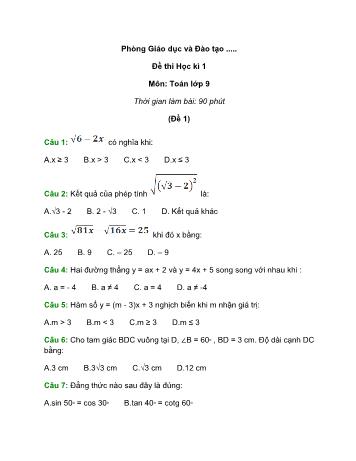 Bộ 5 đề thi học kì 1 môn Toán Lớp 9 - Năm học 2022-2023 (Có đáp án)