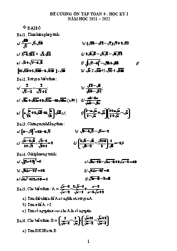 Đề cương ôn tập học kỳ I môn Toán Lớp 9 - Năm học 2021-2022 (Có đáp án)