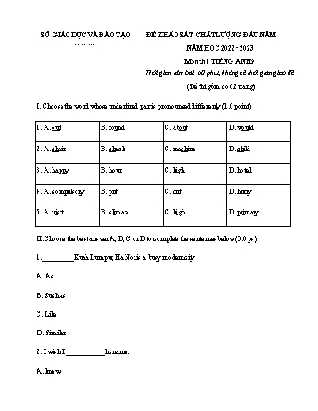 Đề khảo sát chất lượng đầu năm môn Tiếng Anh 9 - Năm học 2022-2023 (Có đáp án)