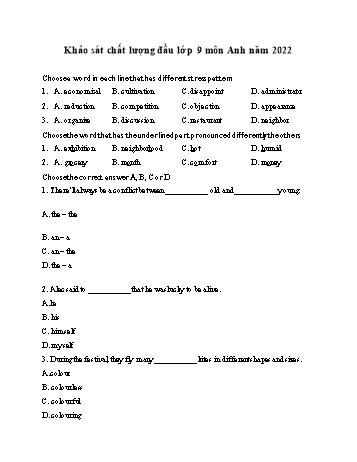 Đề khảo sát chất lượng đầu năm môn Tiếng Anh Lớp 9 - Năm 2022 (Có đáp án)