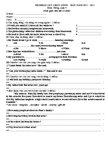Đề khảo sát chất lượng đầu năm môn Tiếng Anh Lớp 9 - Năm học 2022-2023 (Có đáp án)