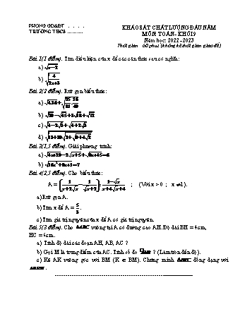 Đề khảo sát chất lượng đầu năm môn Toán Khối 9 - Năm học 2022-2023