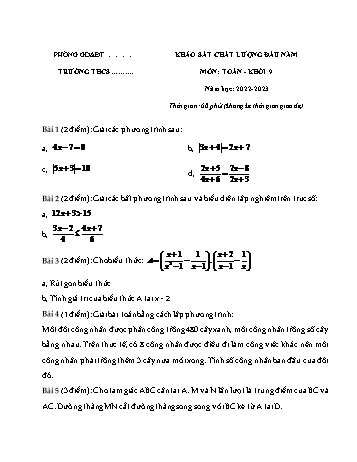 Đề khảo sát chất lượng đầu năm môn Toán Khối 9 - Năm học 2022-2023 - Đề 1 (Có đáp án)